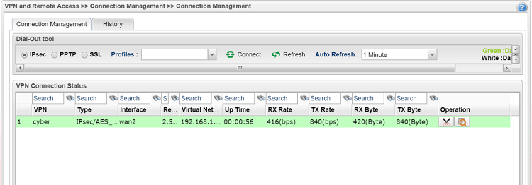 a screenshot of VPN connection management page showing VPN is online